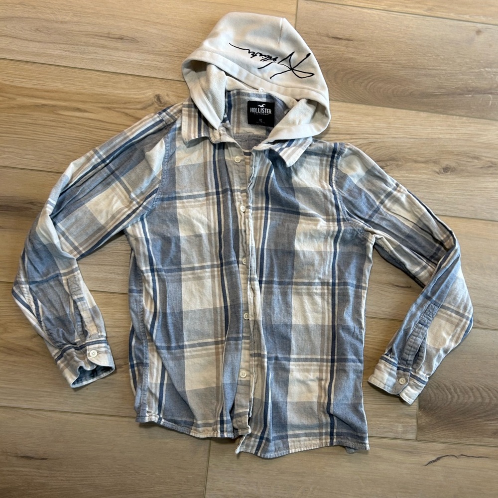 Men’s Hollister Blue & Ivory Button-Up Flannel Hoodie Size XL